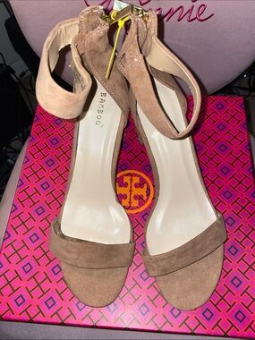 BAMBOO Tan Suede Ankle-Strap Heels 10
